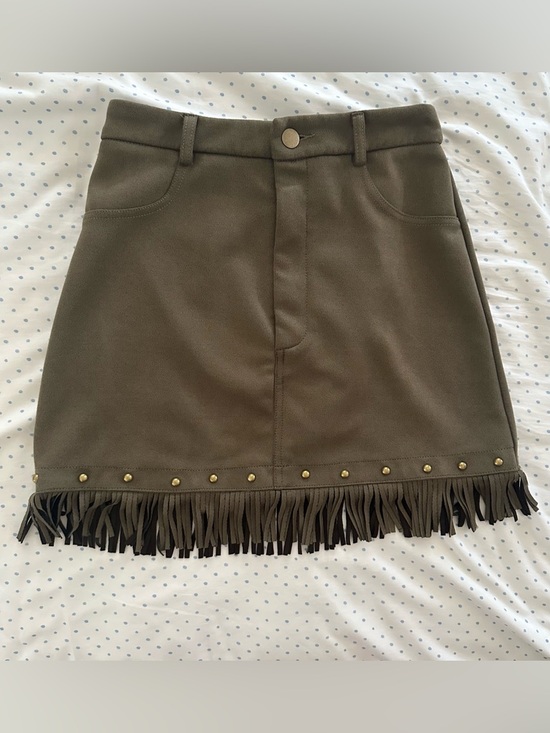 SHEIN Dresses & Skirts - SHEIN Olive Green Faux Suede A-Line Mini Skirt | Fringe Hem | Size XS